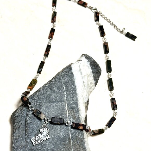 Genuine Dark Green Ocean Jasper Short Necklace, Gemstone & Cat Person Paw Print - Picture 4 of 13